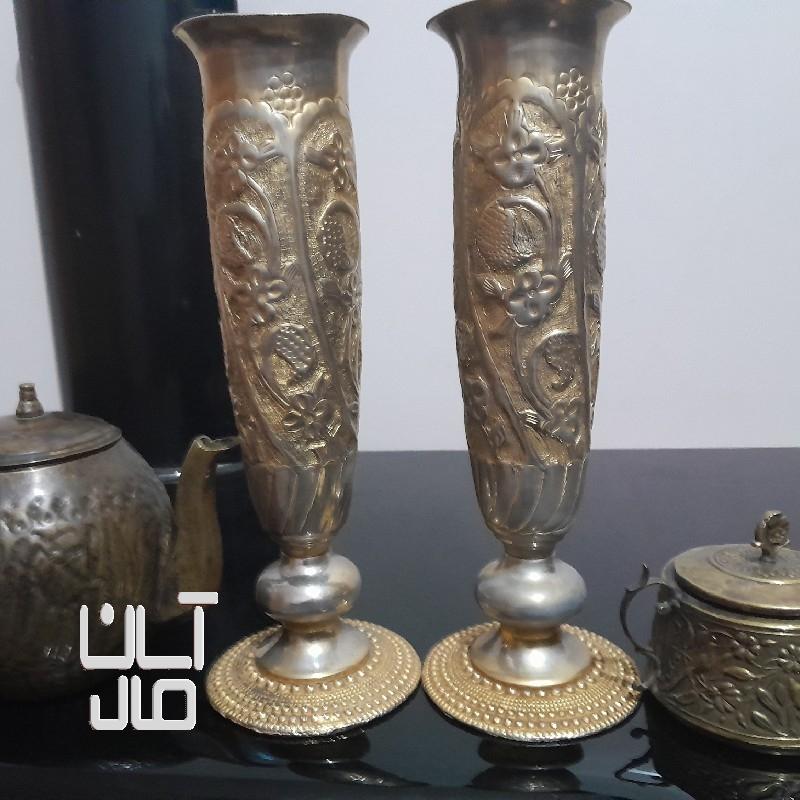 فروش قندان گلدان برنز با طرح حکاکی سینی غوری غاجاری با حکاکی