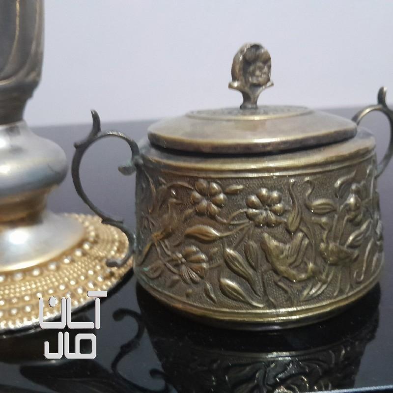 فروش قندان گلدان برنز با طرح حکاکی سینی غوری غاجاری با حکاکی